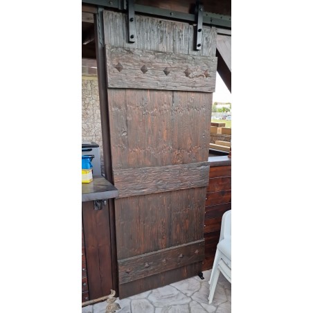 BARN DOOR PORTA SCORREVOLE IN LEGNO MASSELLO BORCHIE VINTAGE 215x95 CON  BINARIO A SCOMPARSA OPZIONALE